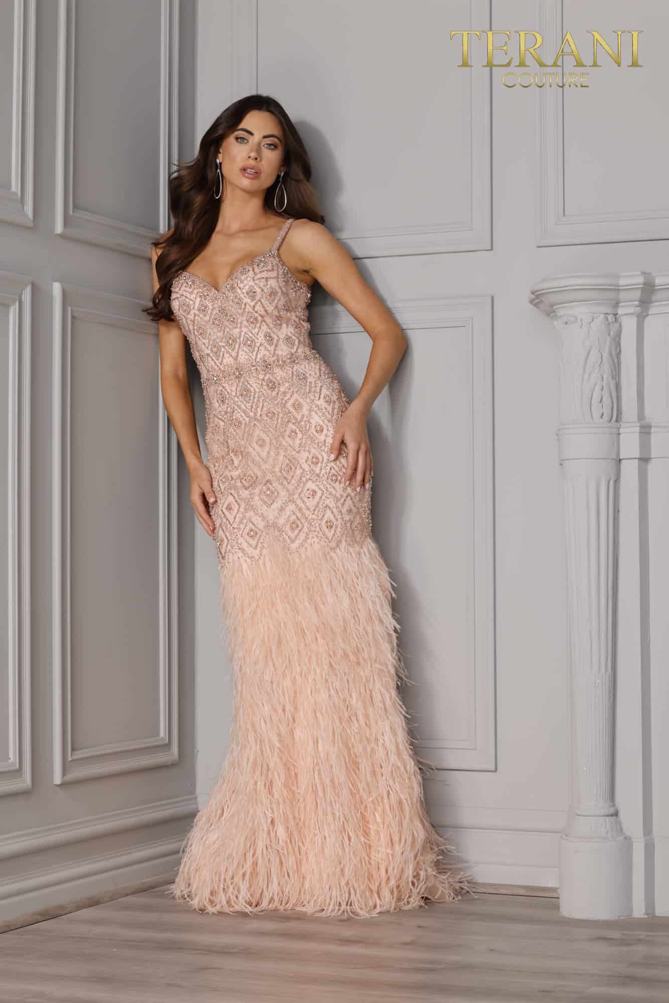 Spaghetti Strap Heavy Beaded Long with Feather - 2215GL0102