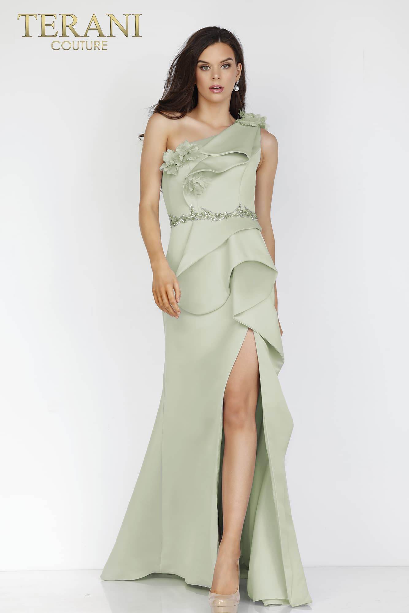 One Shoulder with High Slit Ruffled Dress - 231E0309