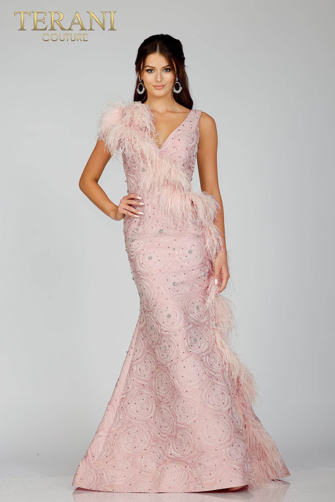 Sleeveless Mermaid Gown with Feather Details- 231E0314