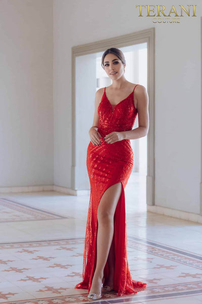 High Slit Long Evening Gown with Spaghetti Straps - 231E0516