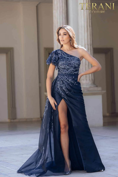 Satin Mermaid Dress with Ruffled One Shoulder Sleeve - 231E0517