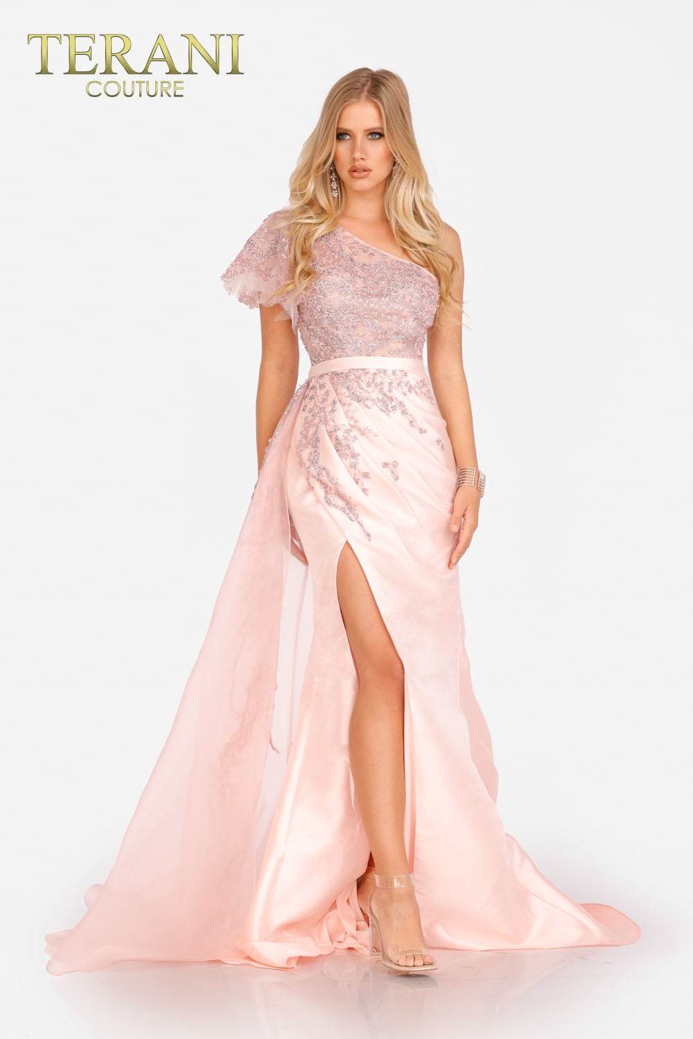 Satin Mermaid Dress with Ruffled One Shoulder Sleeve - 231E0517
