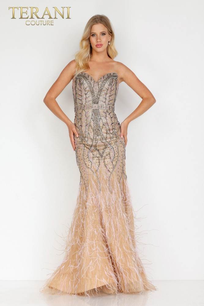 Strapless Sweetheart Beaded Bodice Feather Hem Mermaid Dress - 231GL0389