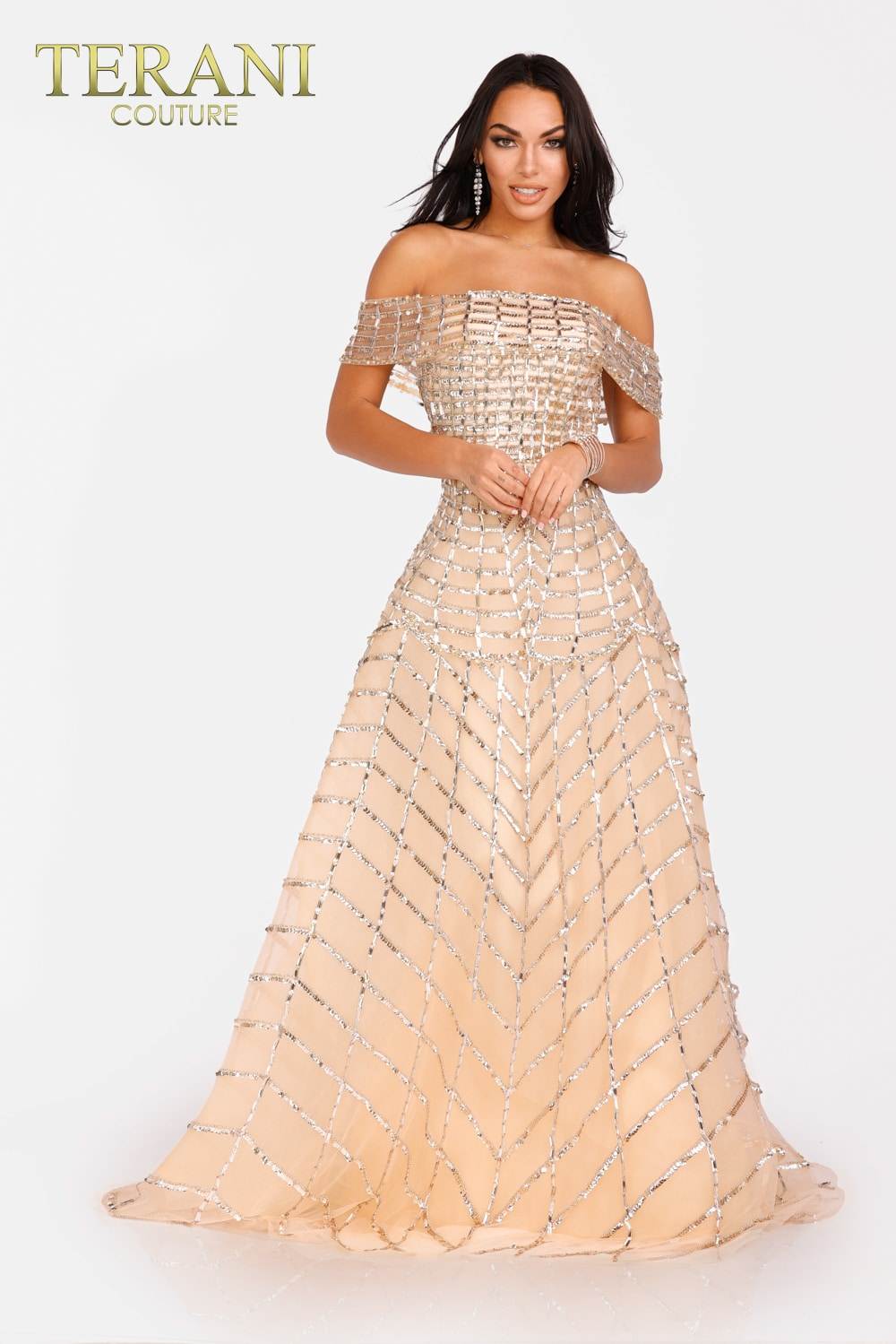 Gold Pageant Dress with Off-Shoulder Sleeves - 231GL0400