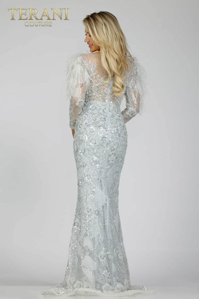 Silver Fishtail Embellished Gown with Fur Style - 231M0491