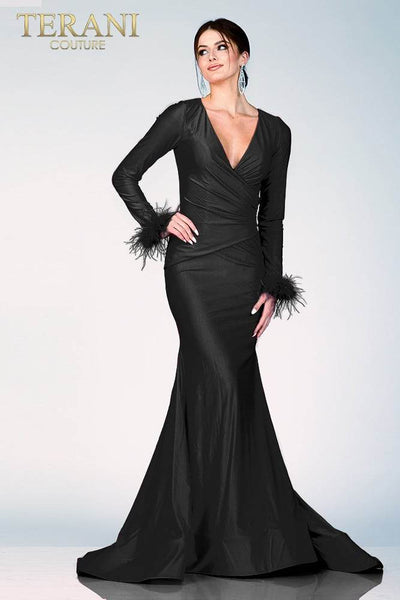 Full Sleeves Fur Lace Prom Gown with Deep V Neck - 231P0074