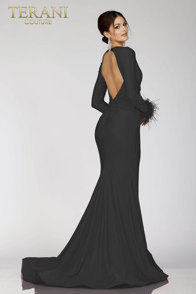 Full Sleeves Fur Lace Prom Gown with Deep V Neck - 231P0074