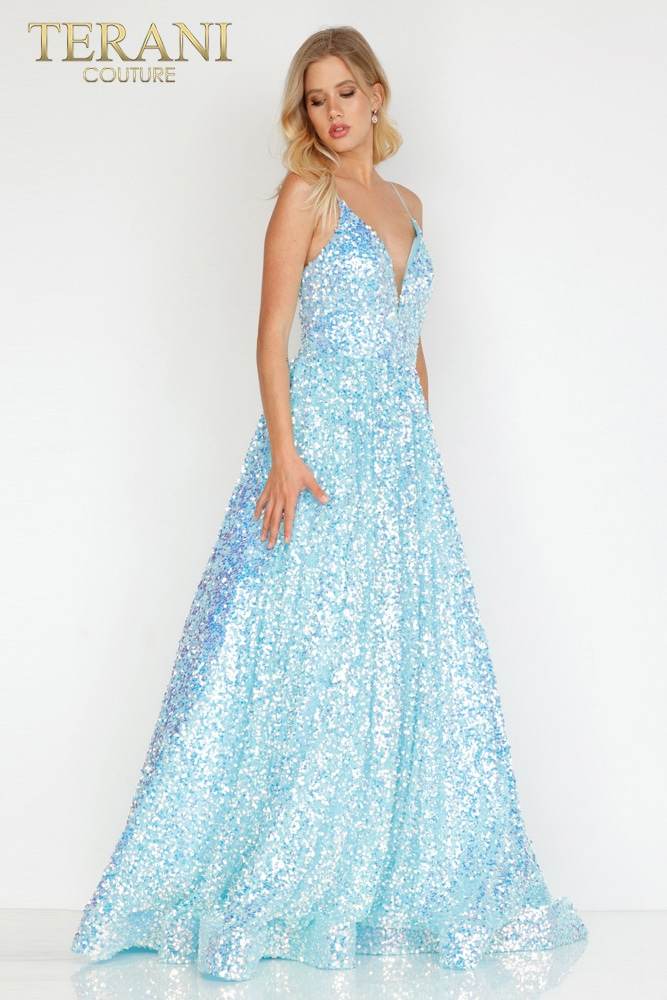 Aqua Glitter V-Neck Prom Dress - 231P0084