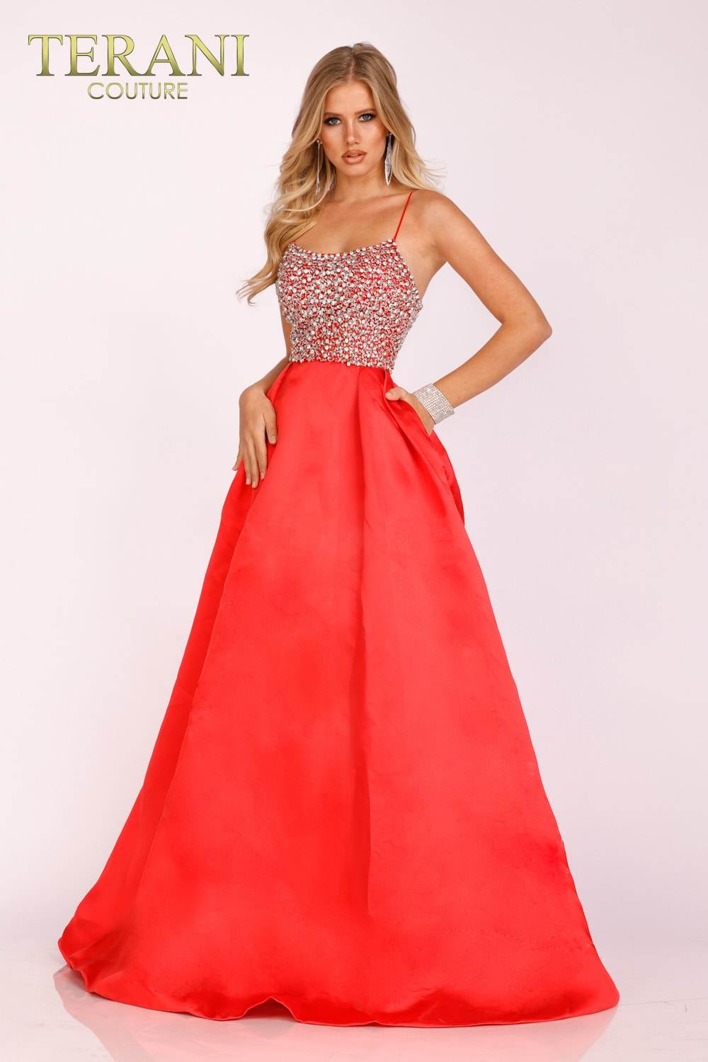 silver glitter bodice with red pleated flare prom gown - 231P0087