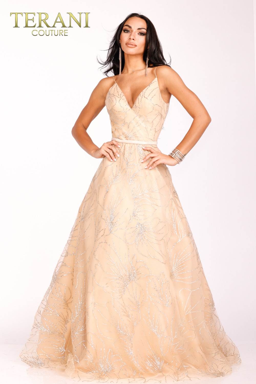 Gold Deep V Back Front Prom Dress with glitter tulle - 231P0140