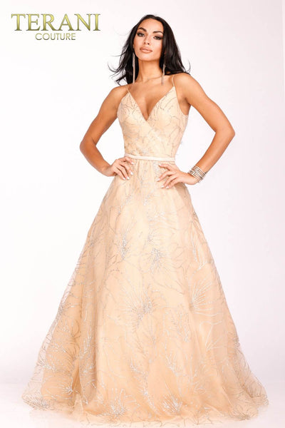 Gold Deep V Back Front Prom Dress with glitter tulle - 231P0140
