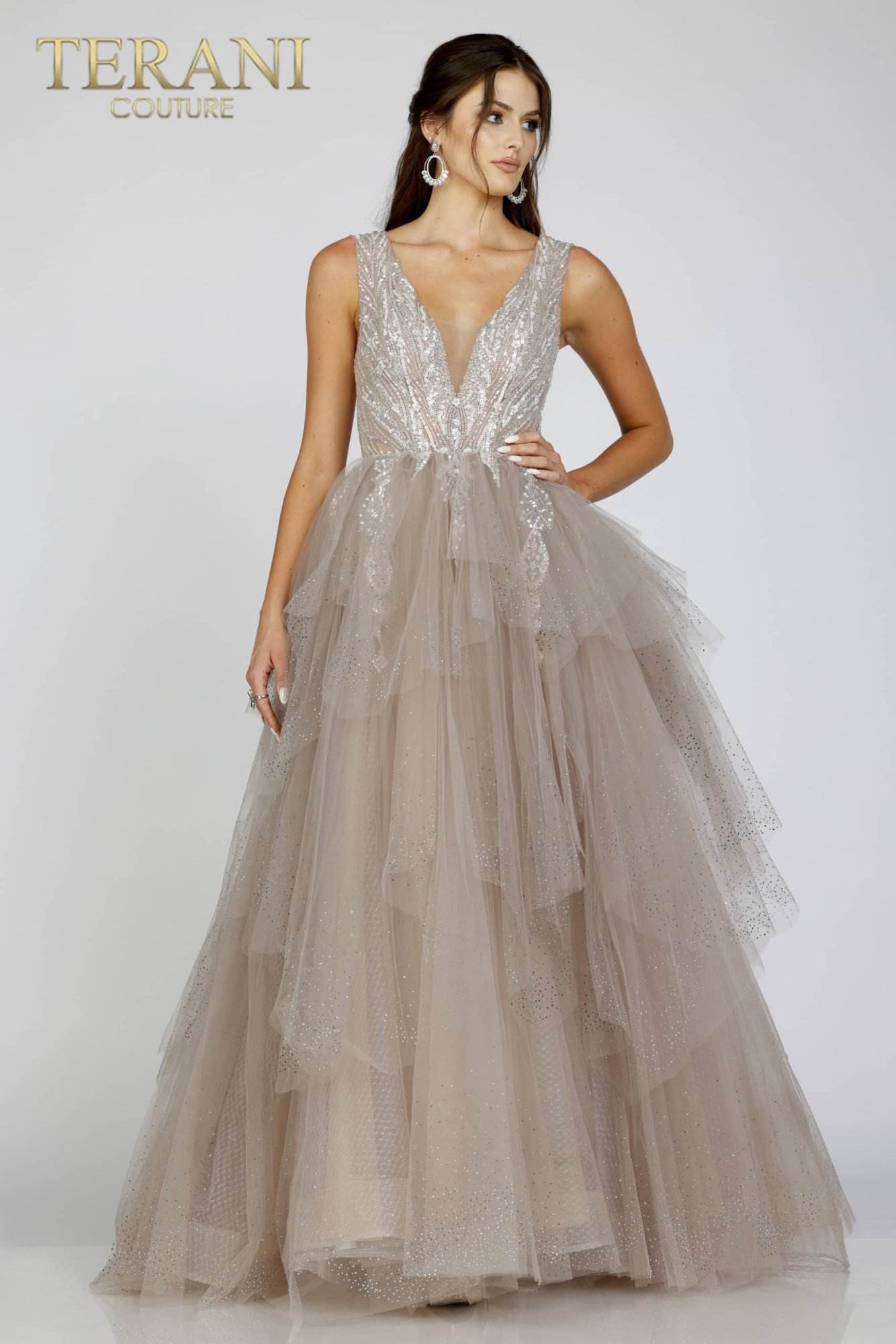 Layered Embroidery Evening Dress with Deep V Neck - 231E0610