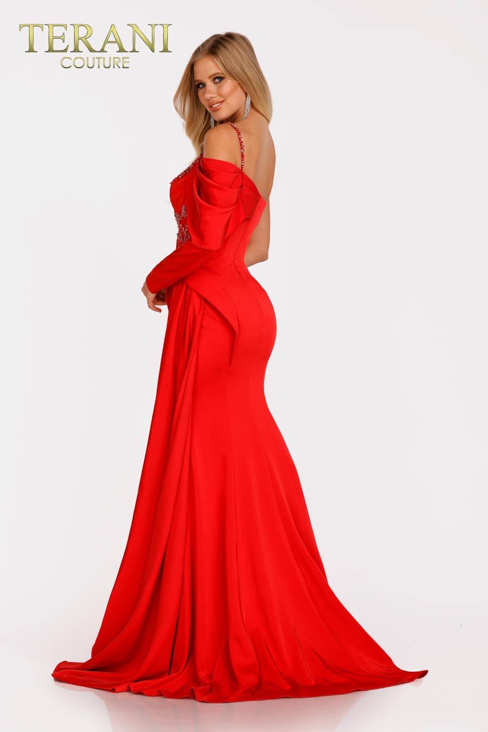 Red Evening Gown with Puffed Long Sleeve- 231E0614