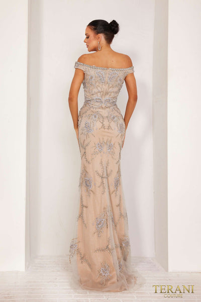 232E1206 Sparkly Off-Shoulder Embroidered Silver Lace Evening Dress