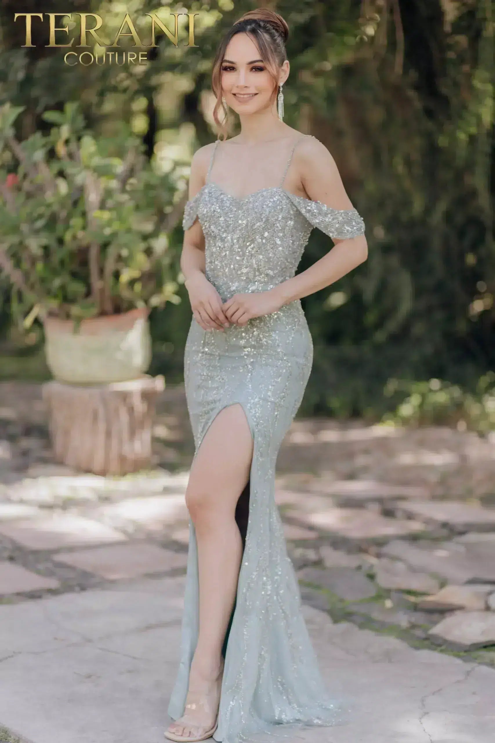Off Shoulder Mermaid Spaghetti Strap Sparkly Evening Dress - 232E1215