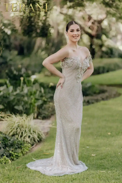Mermaid Long Sleeveless Flowers Applique Metallic Dress - 232GL1457