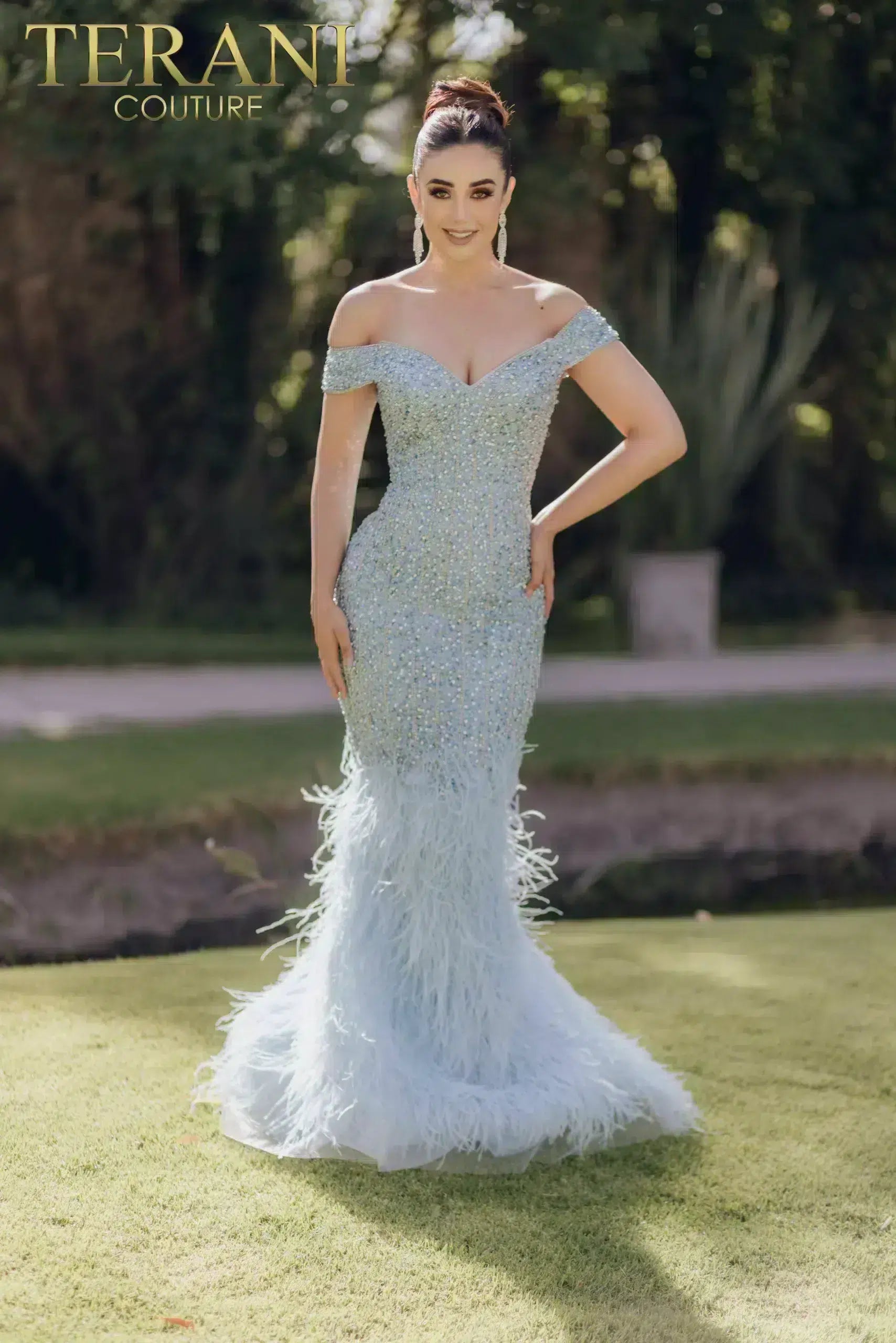 Mermaid Off-Shoulder Beaded Bodice Feathered Hem Long Dress - 232GL1478