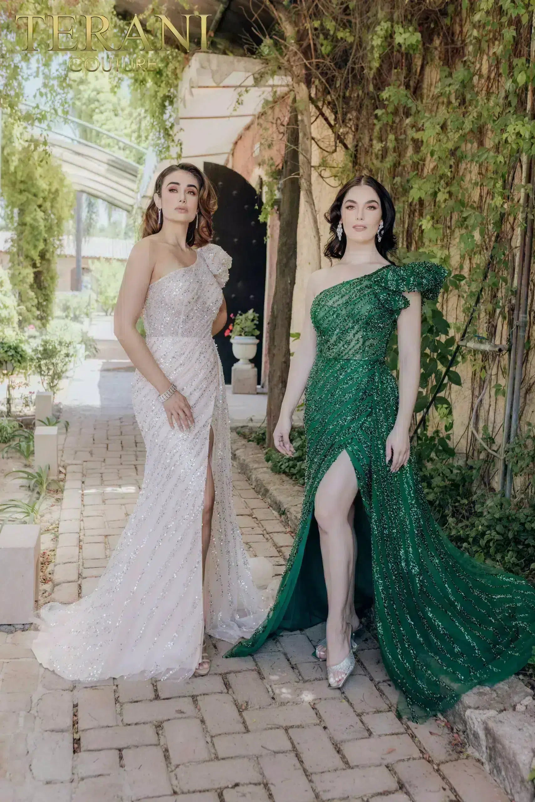 One Shoulder Ruffled Sheer Bodice Beaded A-line Long Dress