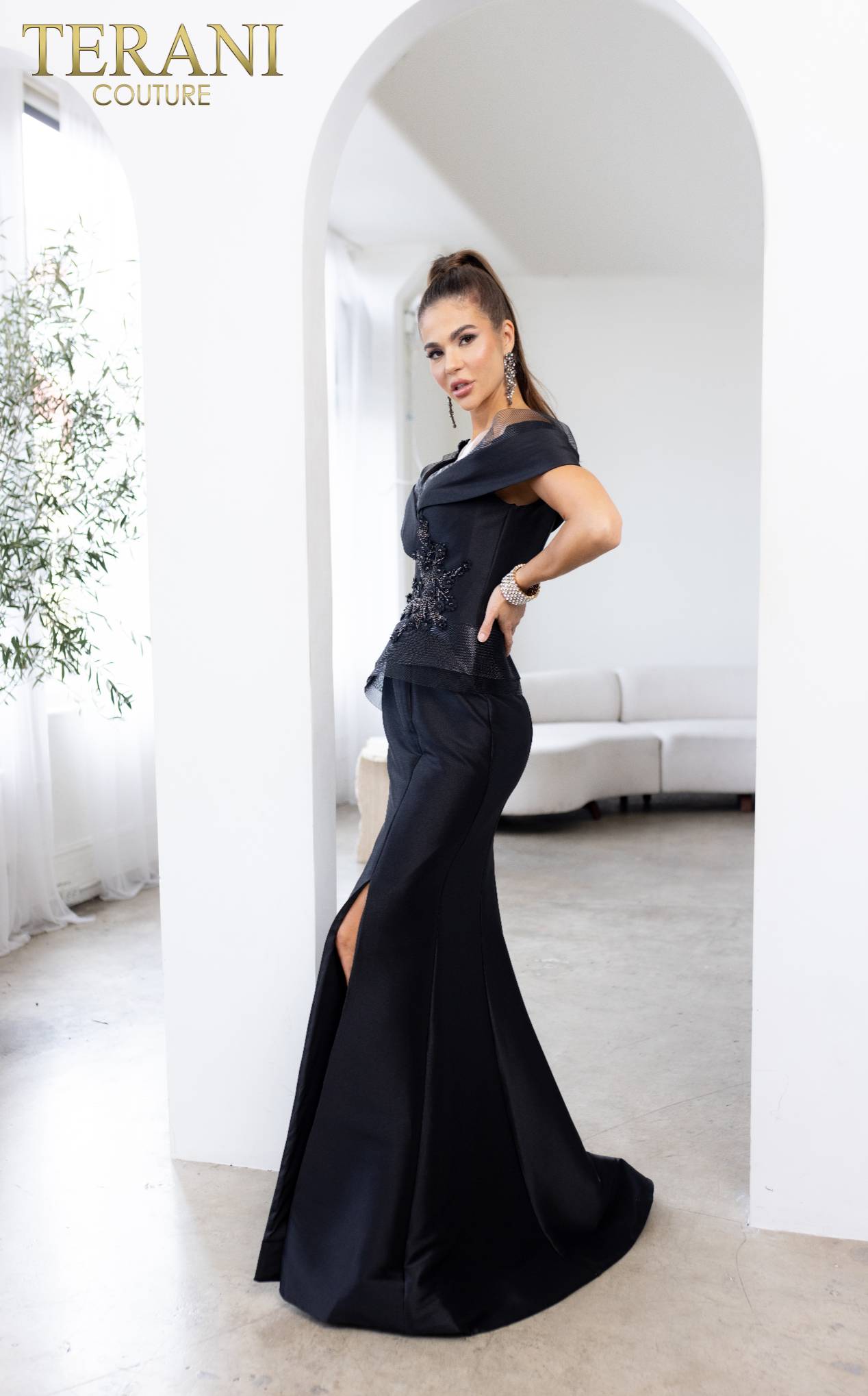 Pleated Neckline Off Shoulder Mid-Thigh Slit Long Dress - 232M1530