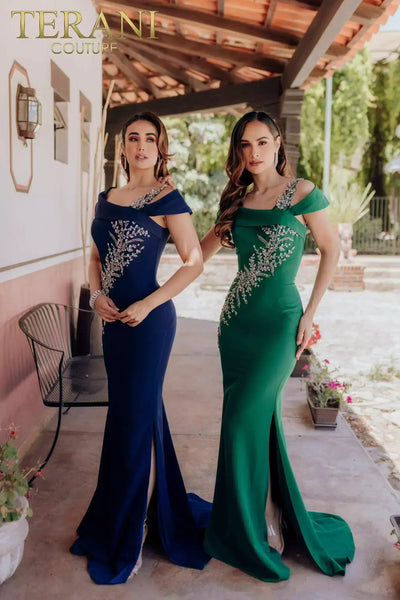 Asymmetrical Mermaid Off Shoulder Beaded Satin Long Dress- 232M1549