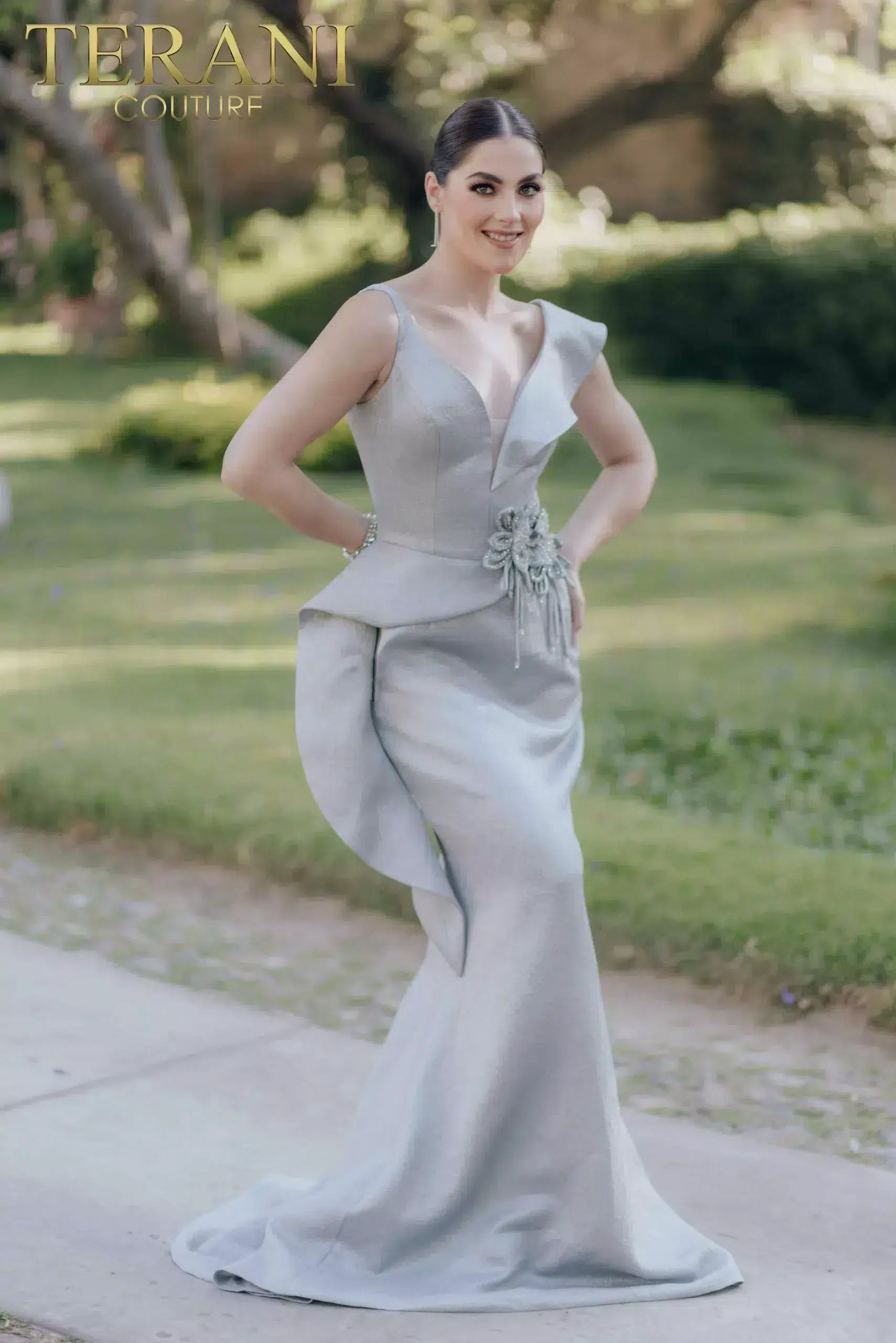 gray mermaid dress Sleeveless Mermaid One Side Ruffle Collar Evening Dress