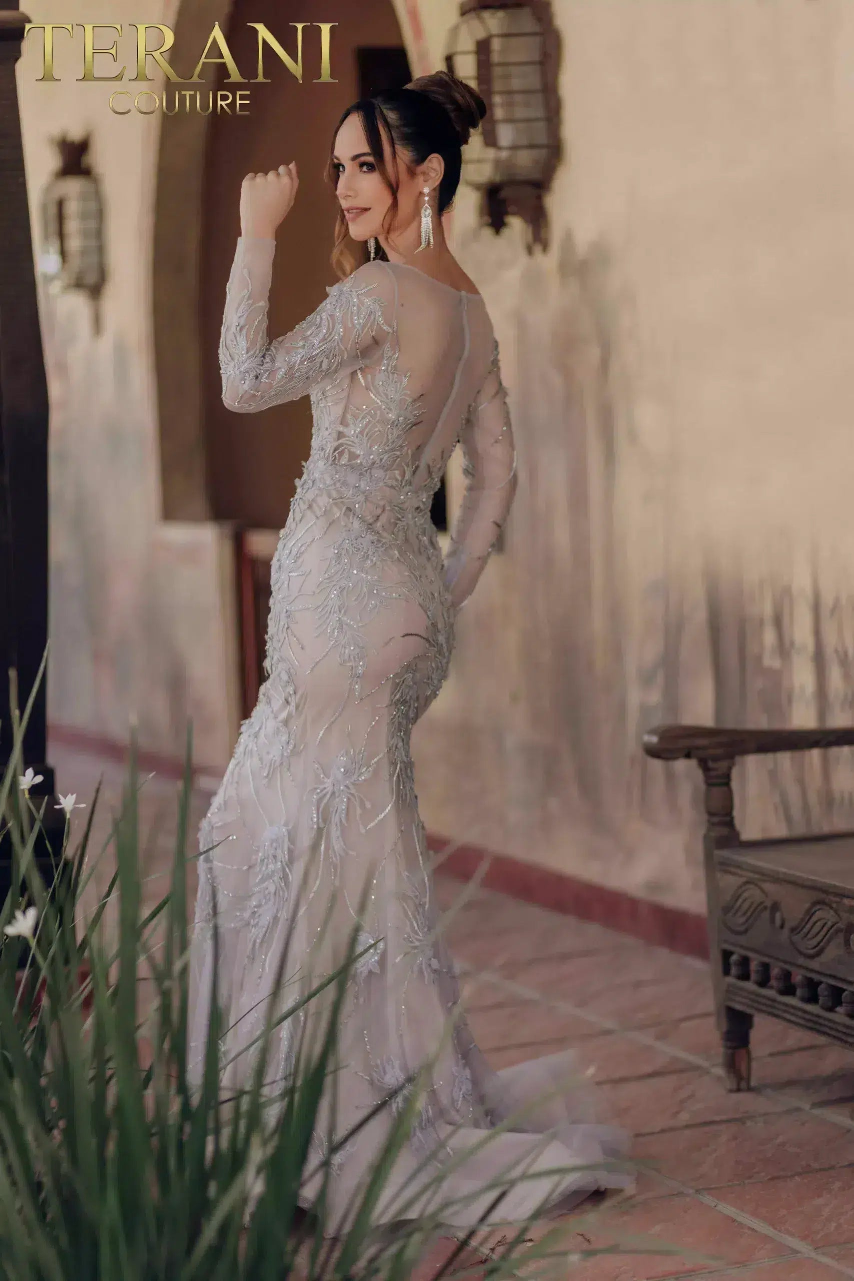 Embroidered Plunging Illusion Back Mermaid Long Sleeves Dress - 232GL1407