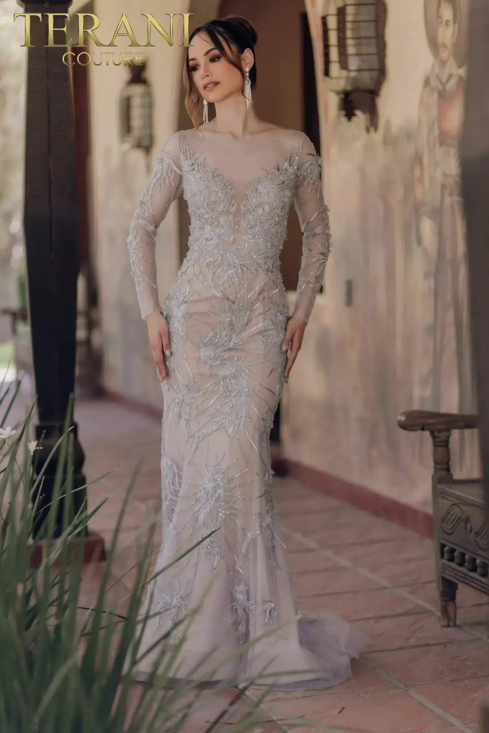 Embroidered Plunging Illusion Back Mermaid Long Sleeves Dress - 232GL1407