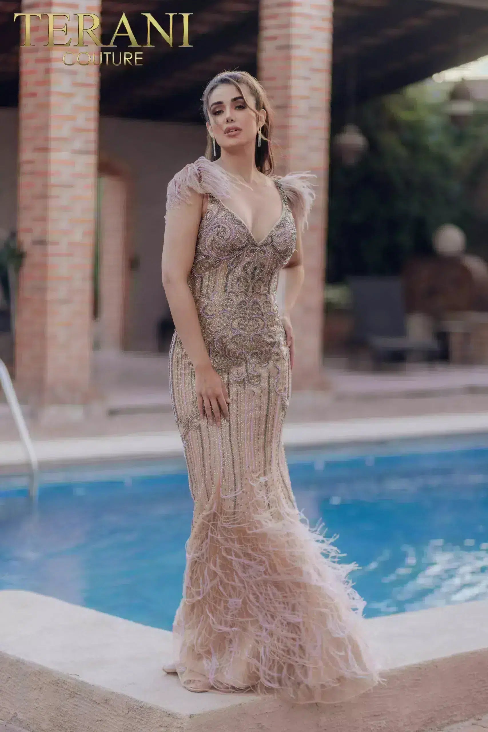 Feathered Hem Mermaid V-neck Beaded Sleeveless Long Dress - 232GL1425