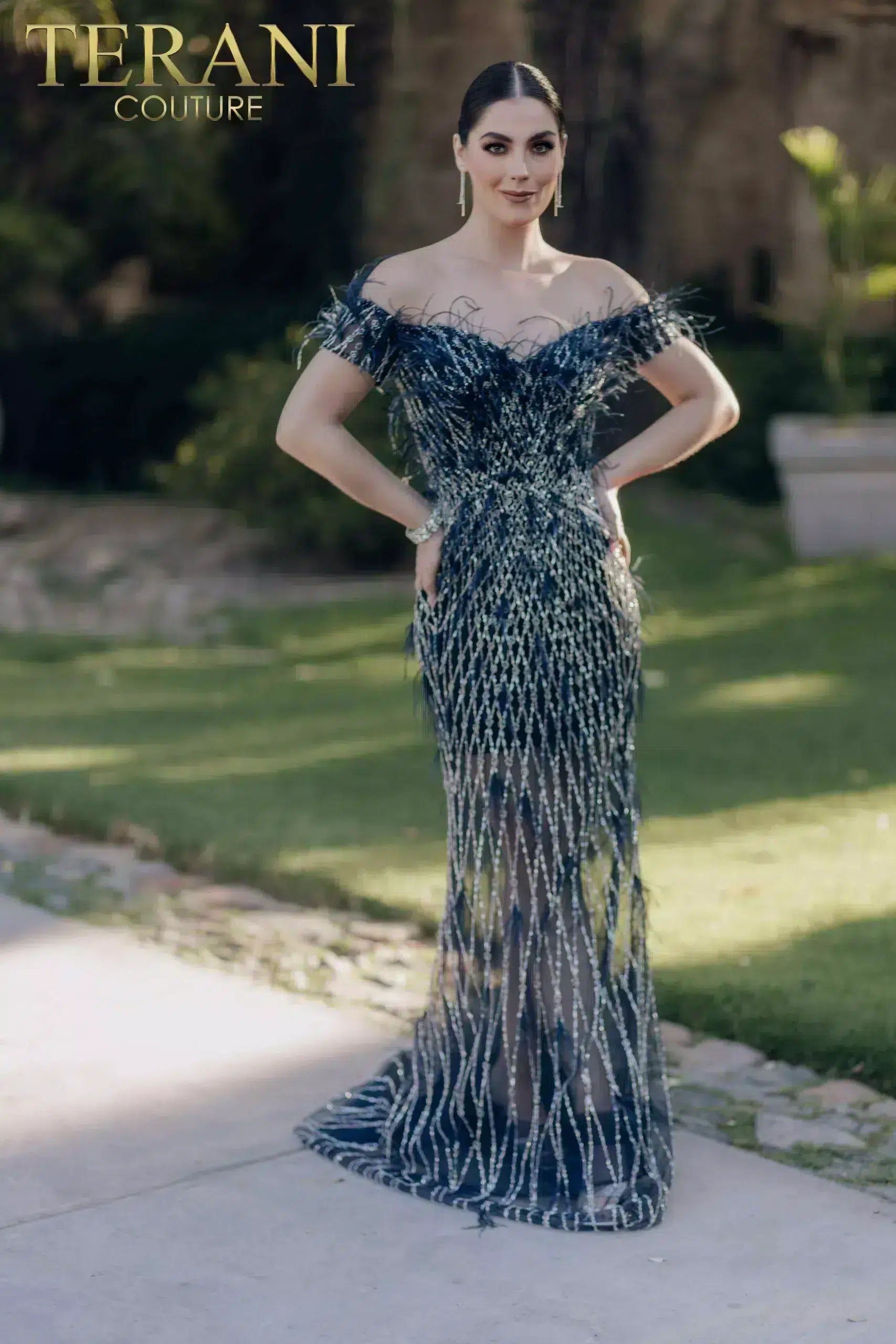 Off Shoulder A-line Feathered Sheer Skirt Long Dress - 232GL1439