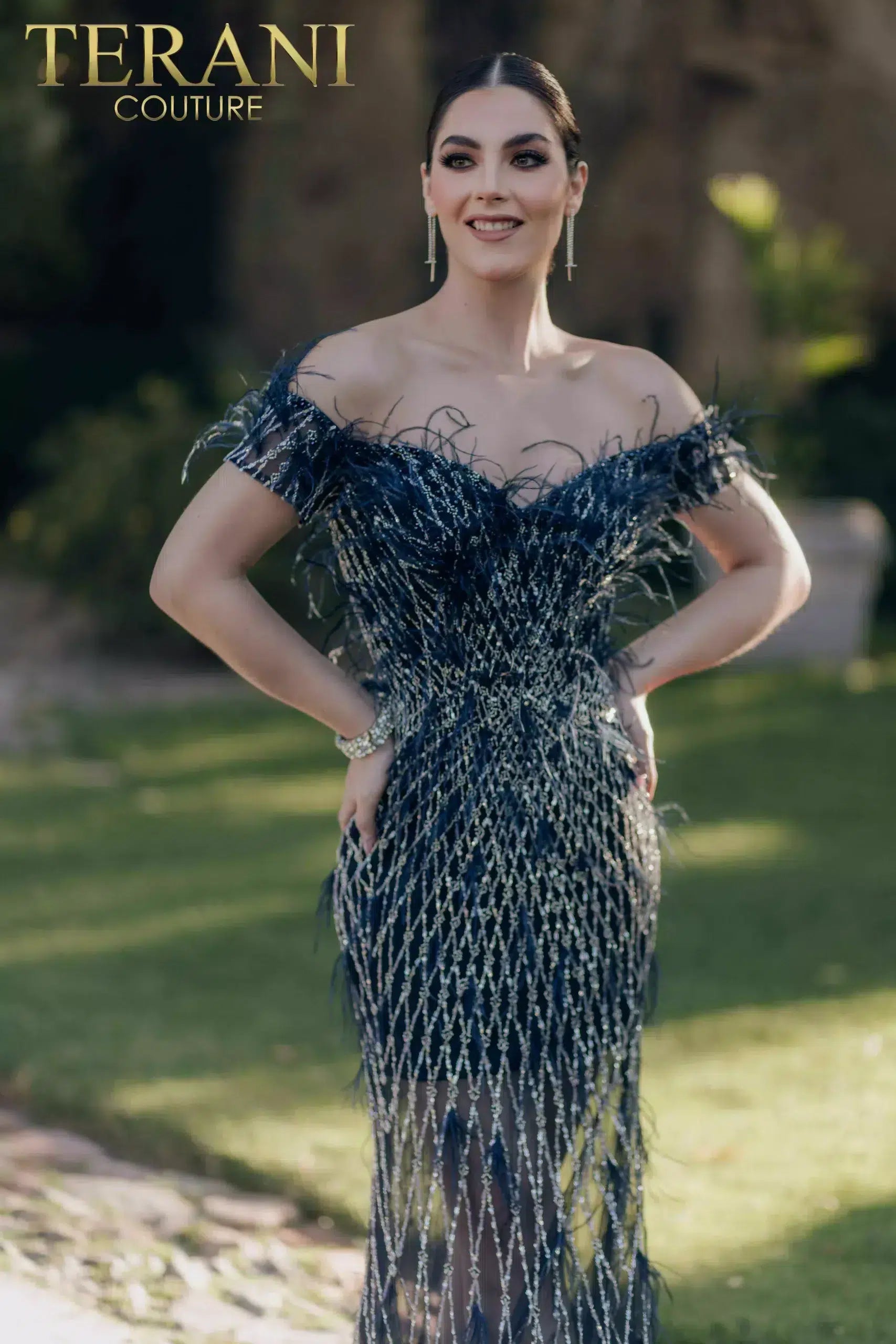 Off Shoulder A-line Feathered Sheer Skirt Long Dress - 232GL1439