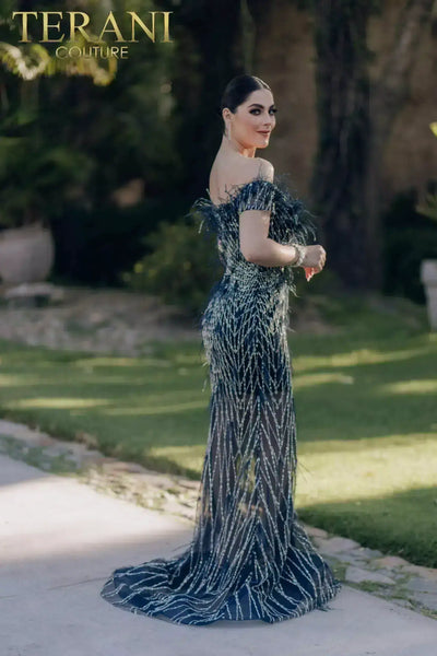 Off Shoulder A-line Feathered Sheer Skirt Long Dress - 232GL1439
