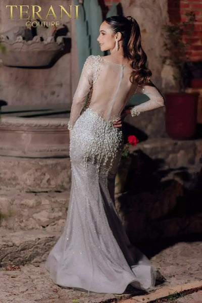 Mermaid V-neck Long Sleeves Sheer Beaded Long Dress - 232GL1454