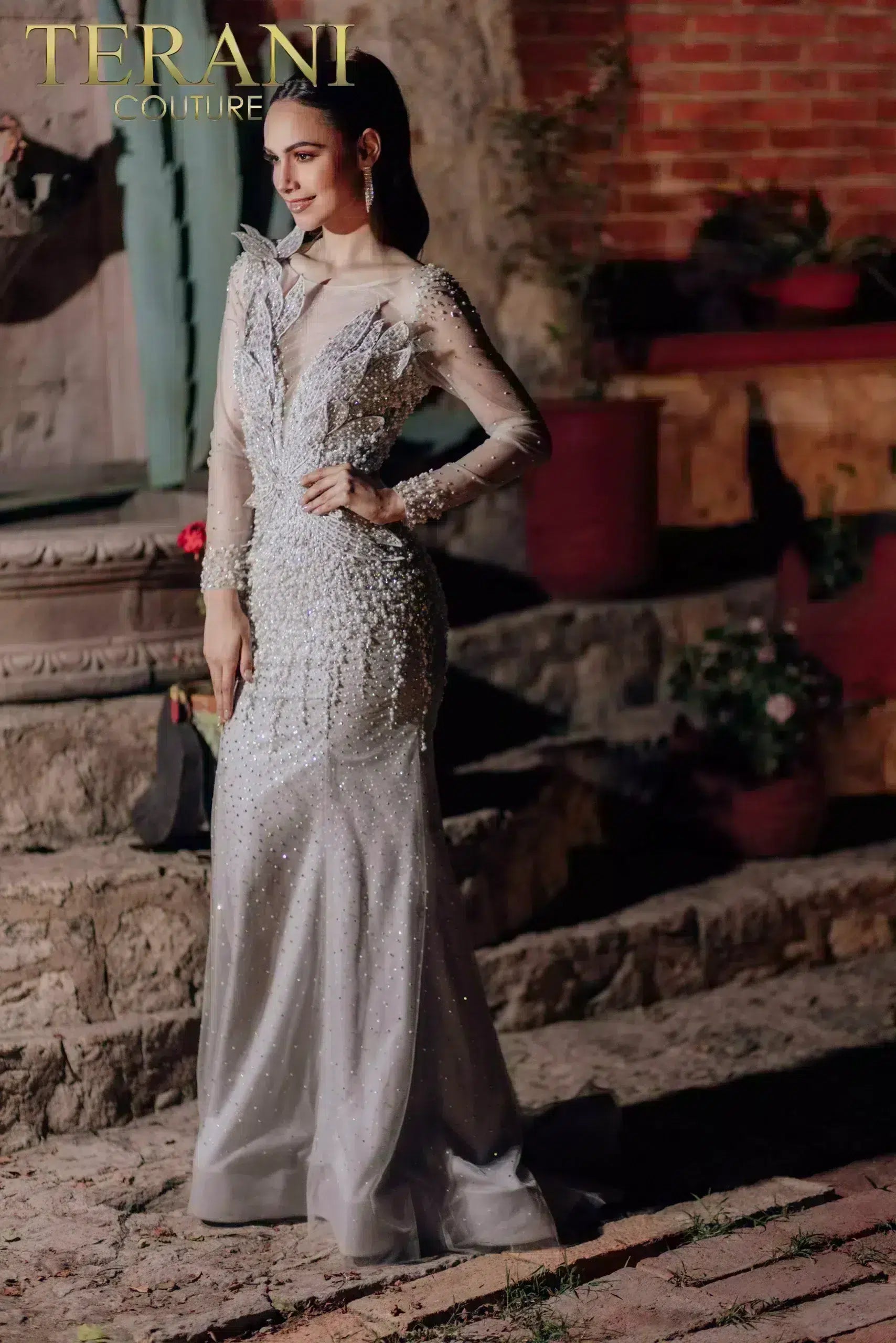 Mermaid V-neck Long Sleeves Sheer Beaded Long Dress - 232GL1454 Mermaid V-neck Long Sleeves Sheer Beaded Long Dress - 232GL1454