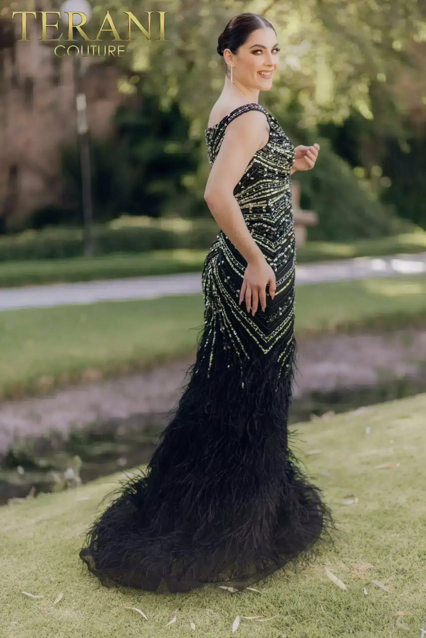 Feathered Hem Beaded Bodice Mermaid Off-Shoulder Dress - 232GL1460