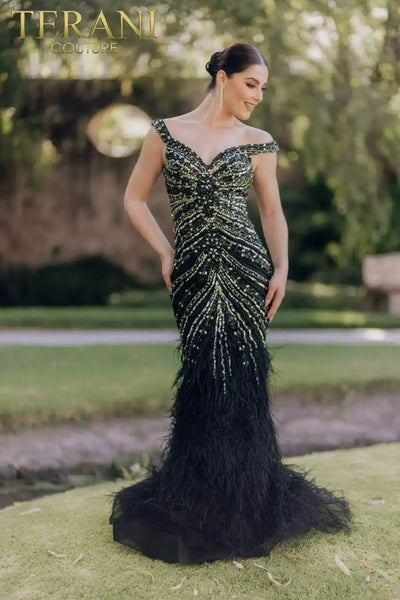 Feathered Hem Beaded Bodice Mermaid Off-Shoulder Dress - 232GL1460