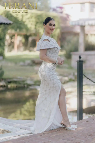 Double Off Shoulder Beaded Long Mid-Thigh Slit Dress - 232GL1466