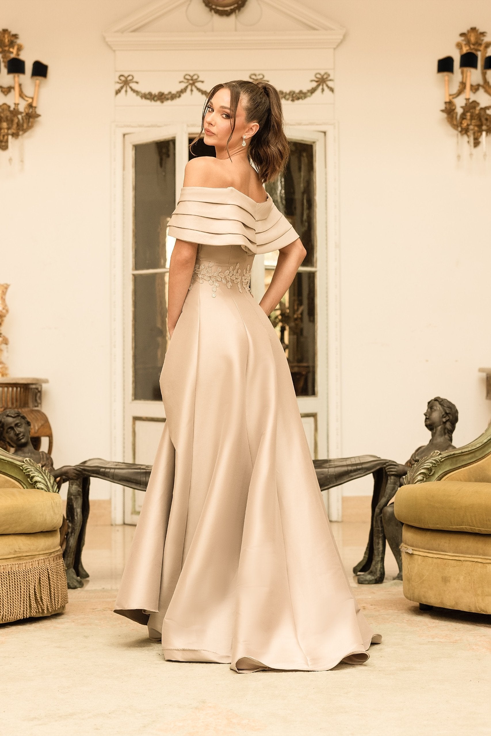 Off Shoulder Pleated Neckline Embroidery Ballgown Dress Off Shoulder Pleated Neckline Embroidery Ballgown Dress