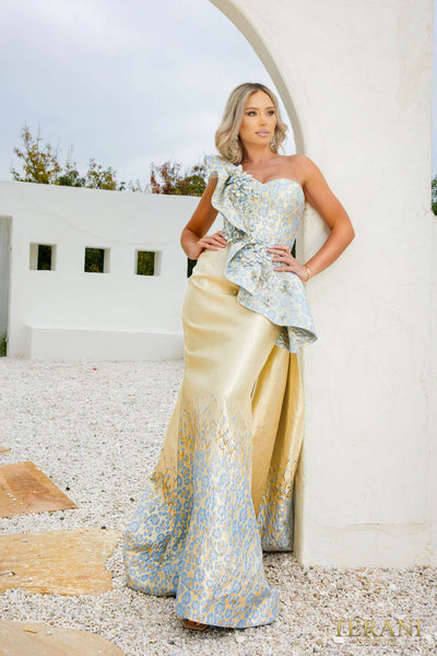 241E2402 Asymmetrical Embroidered Jacquard A-Line Evening Dress