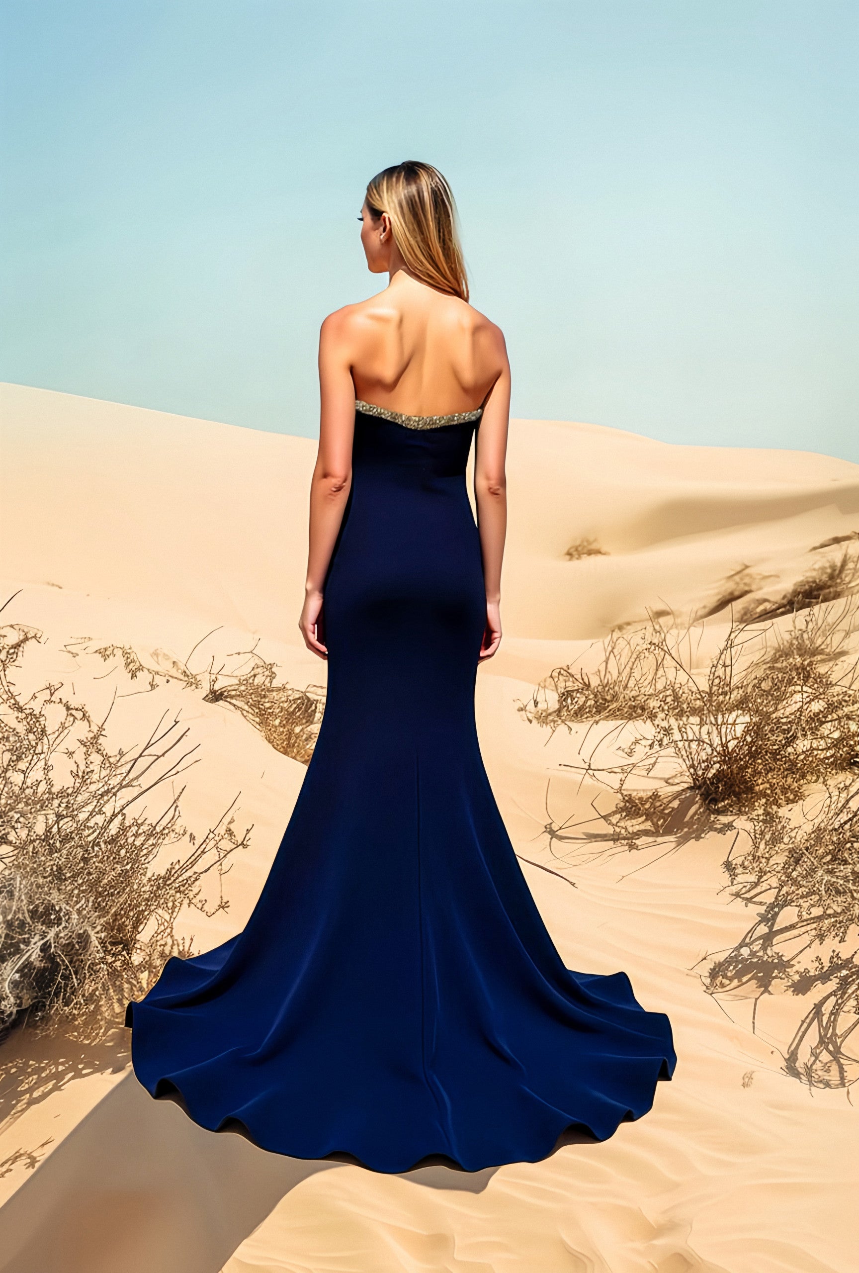 241E2437 Strapless Sparkly Crepe Column Evening Dress