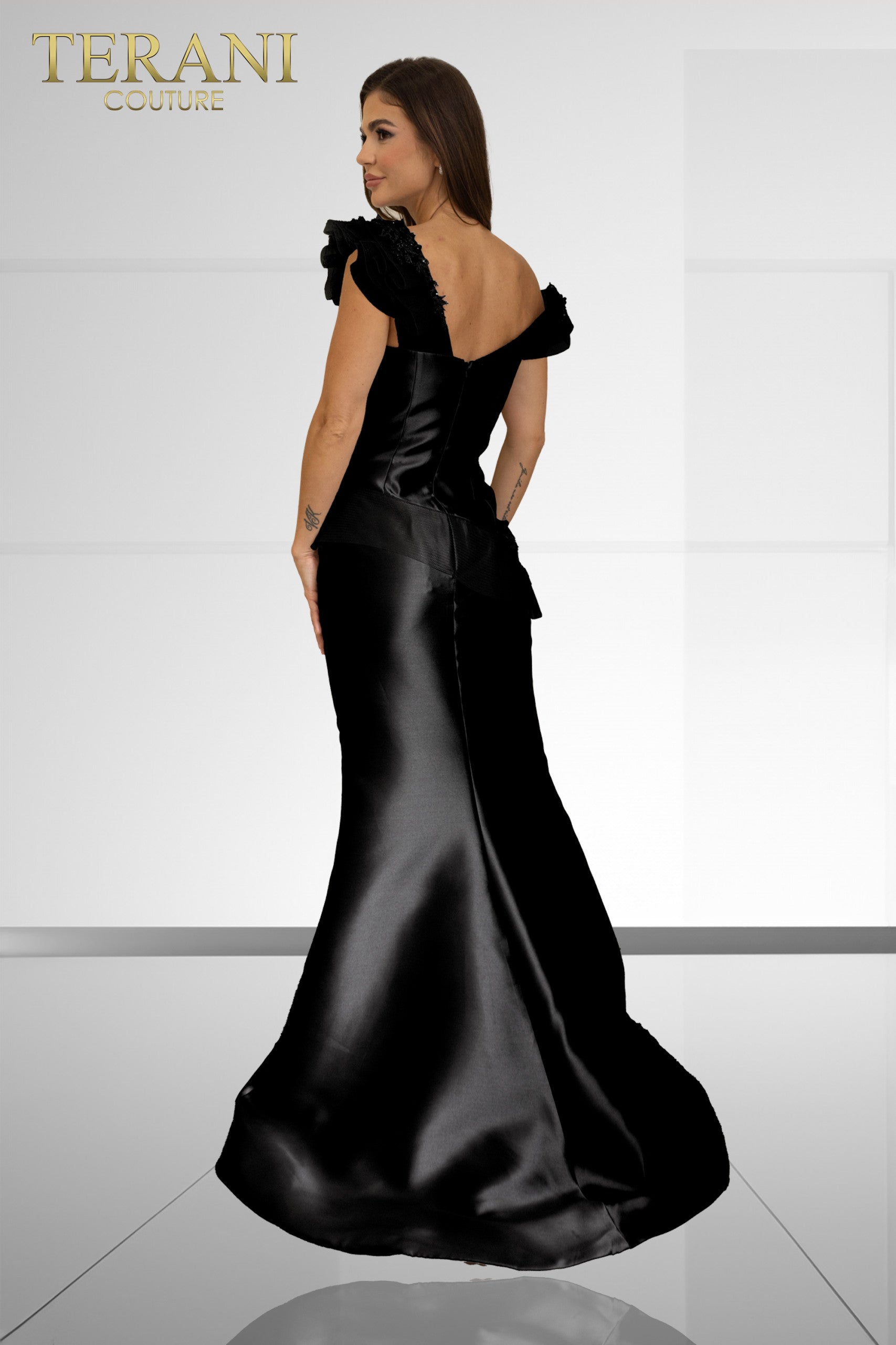 241E2478 Off-Shoulder Trumpet Embroidered Mikado Column Evening Dress