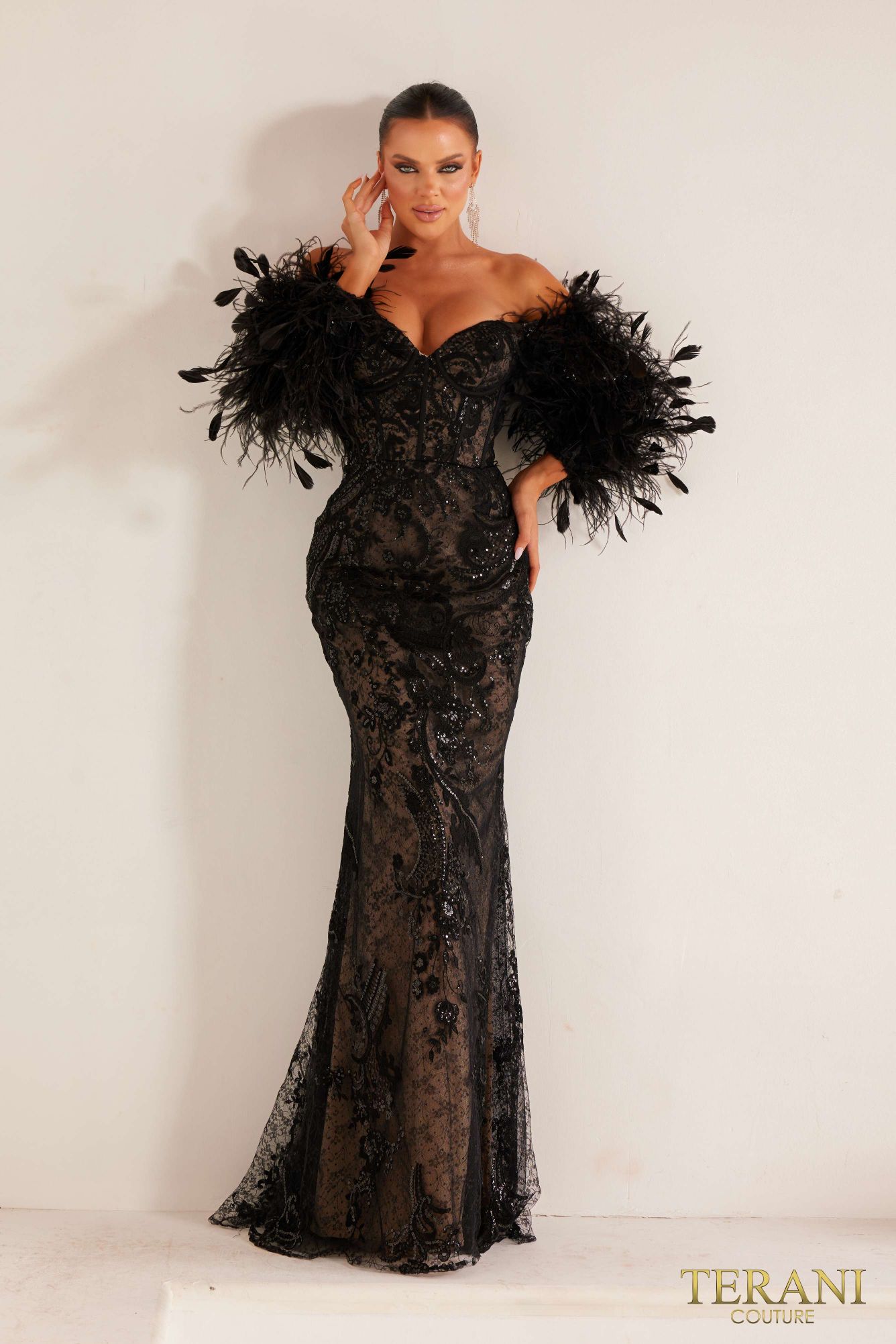 241E2479 Long Sleeves Off-Shoulder Black Nude Bodycon Evening Dress