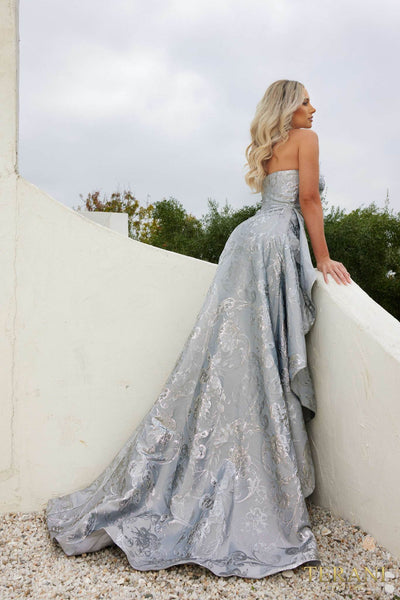 241E2487 A-Line Strapless Jacquard Silver Column Evening Dress
