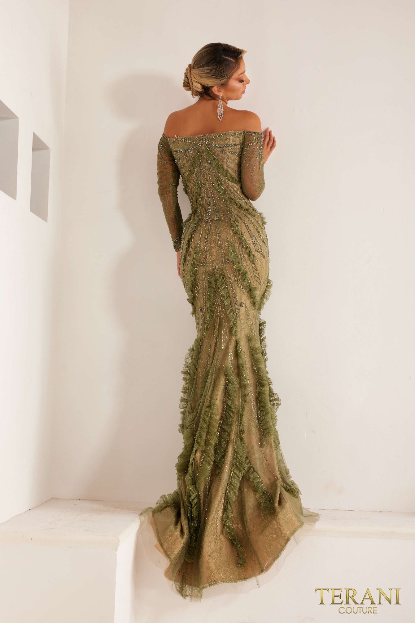 241GL2628 Long Sleeves Off-Shoulder Fishnet Olive Nude Column Evening Dress