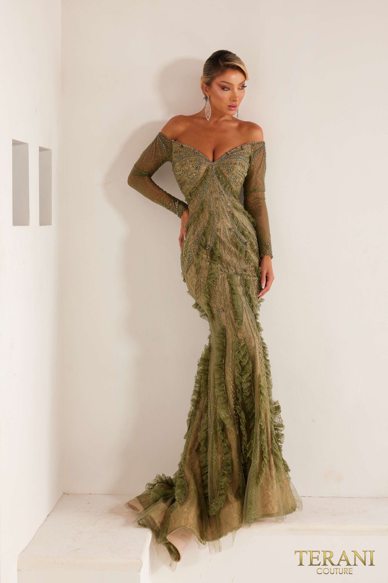 241GL2628 Long Sleeves Off-Shoulder Fishnet Olive Nude Column Evening Dress 241GL2628 Long Sleeves Off-Shoulder Fishnet Olive Nude Column Evening Dress