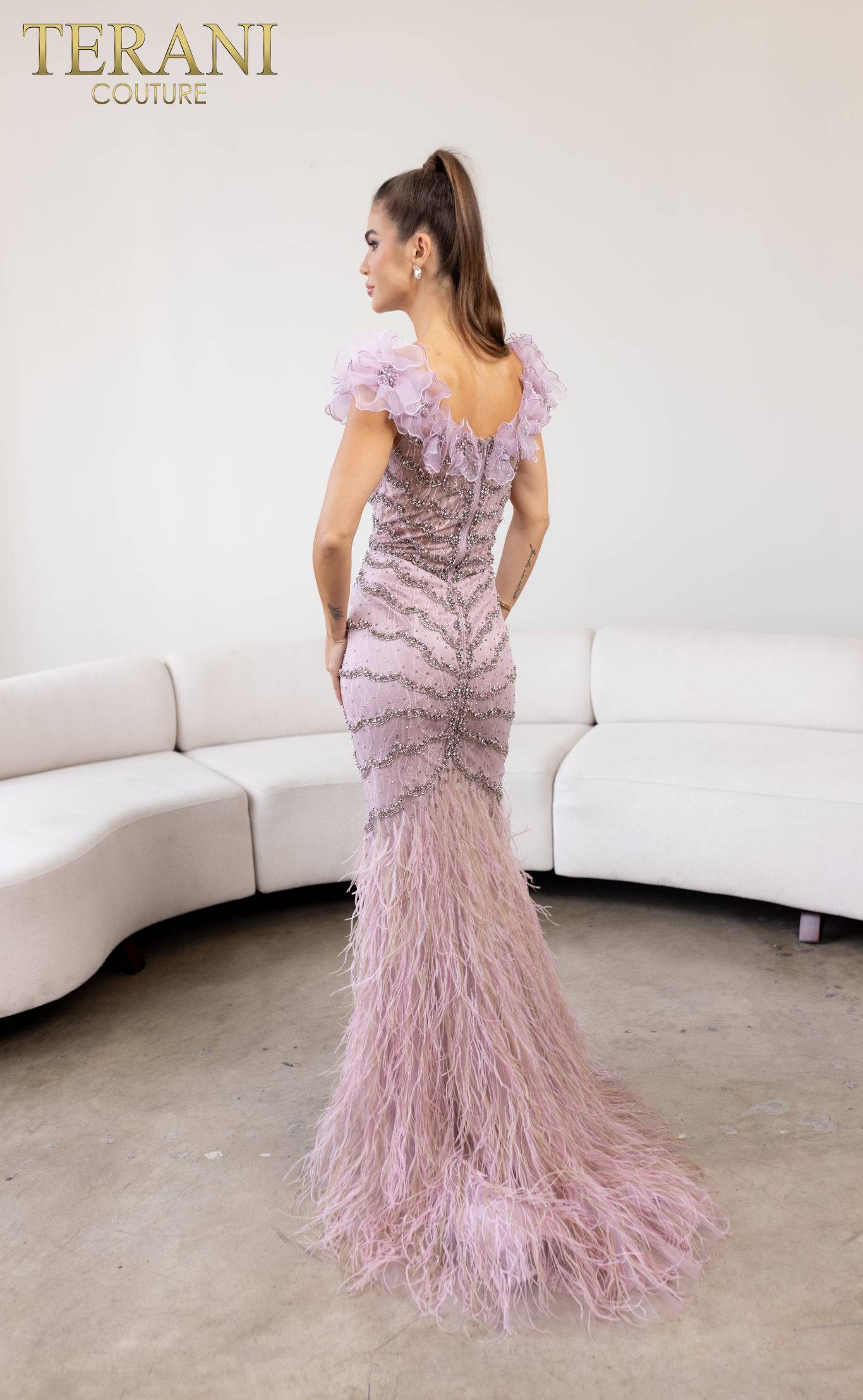 241GL2630 Trumpet Plunging Neck Tulle Lilac Column Evening Dress