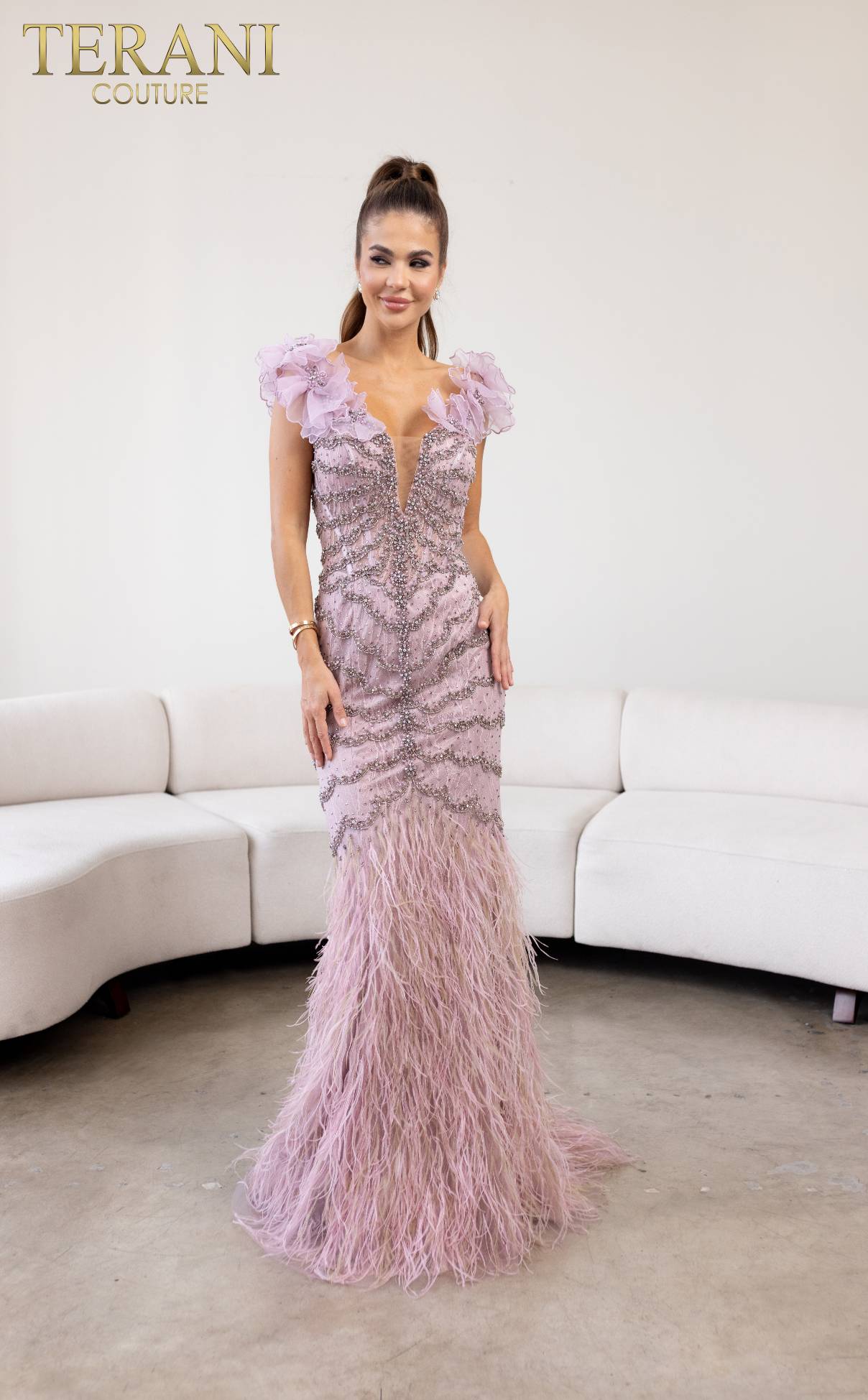 241GL2630 Trumpet Plunging Neck Tulle Lilac Column Evening Dress