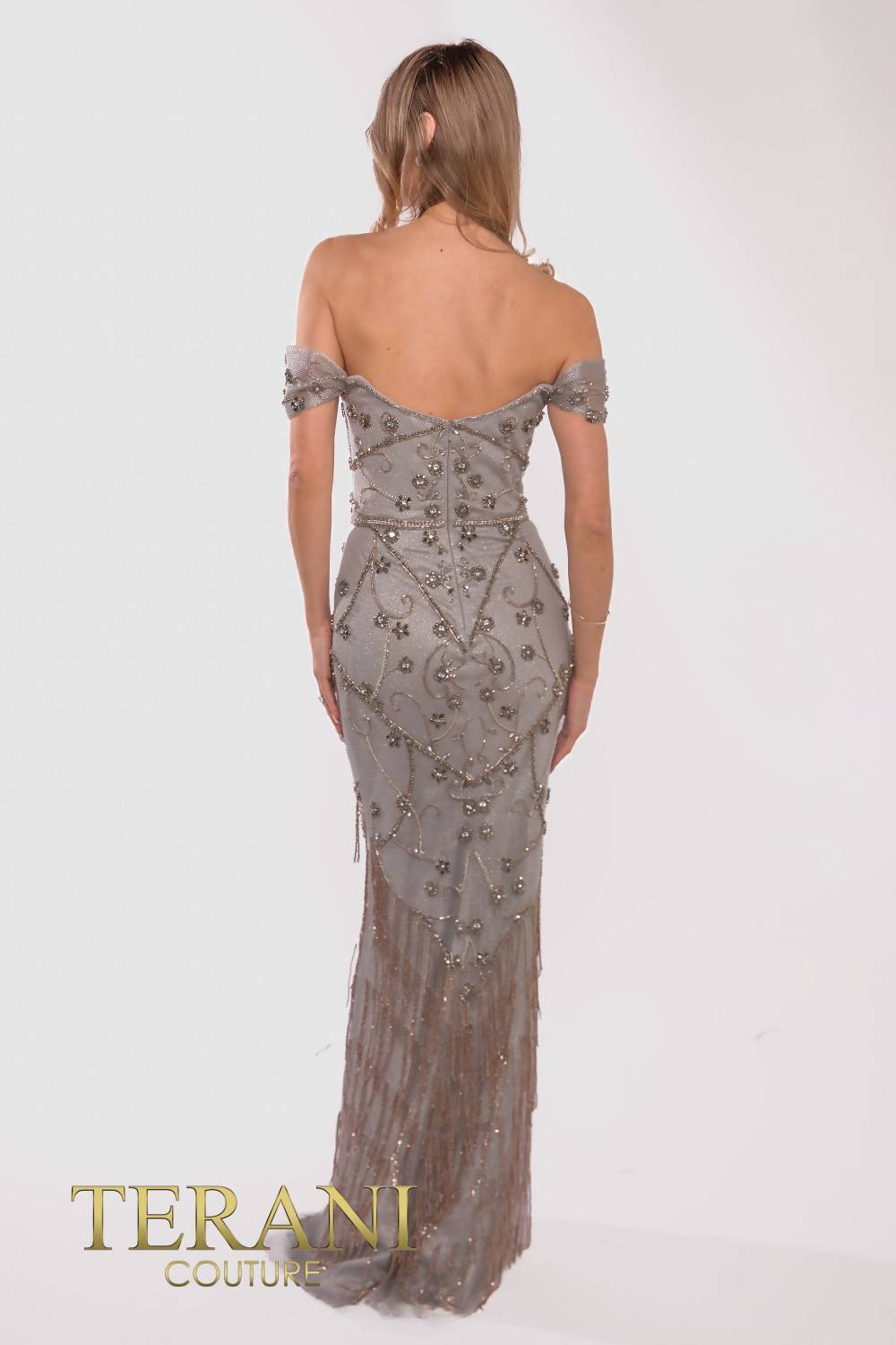 241GL2642 V-Line Off-Shoulder Tulle Silver Column Evening Dress