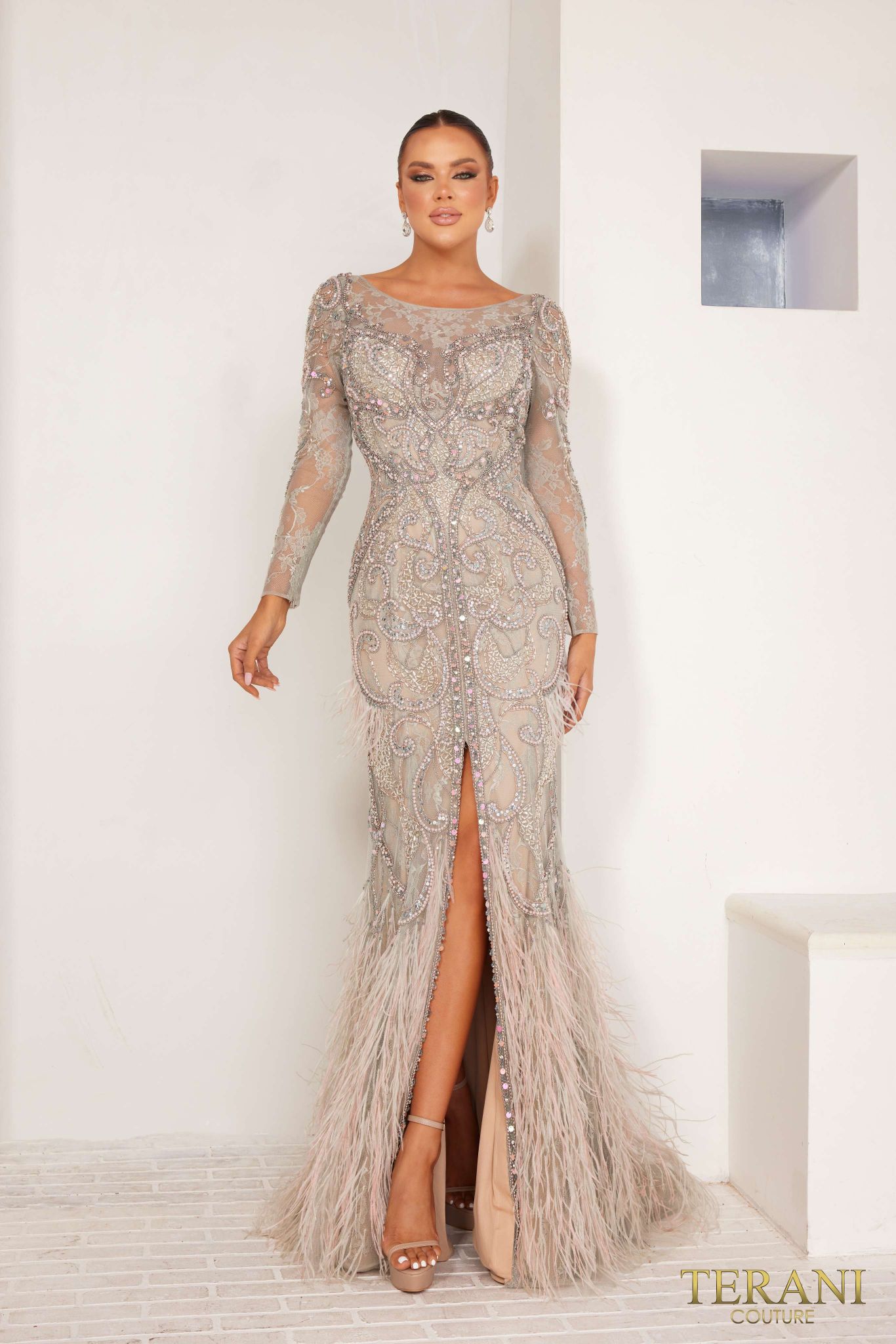 241GL2698 Long Sleeves Trumpet Tulle Silver Column Evening Dress 241GL2698 Long Sleeves Trumpet Tulle Silver Column Evening Dress