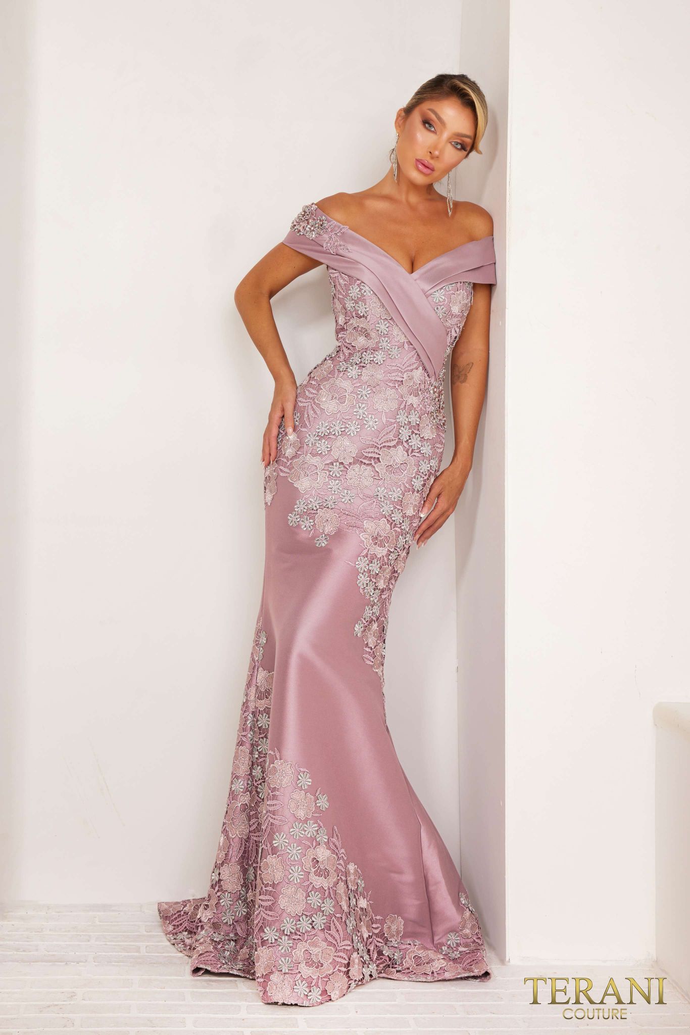 pink silver dress 241M2701 Trumpet Off-Shoulder Rose Silver Column Evening Dress