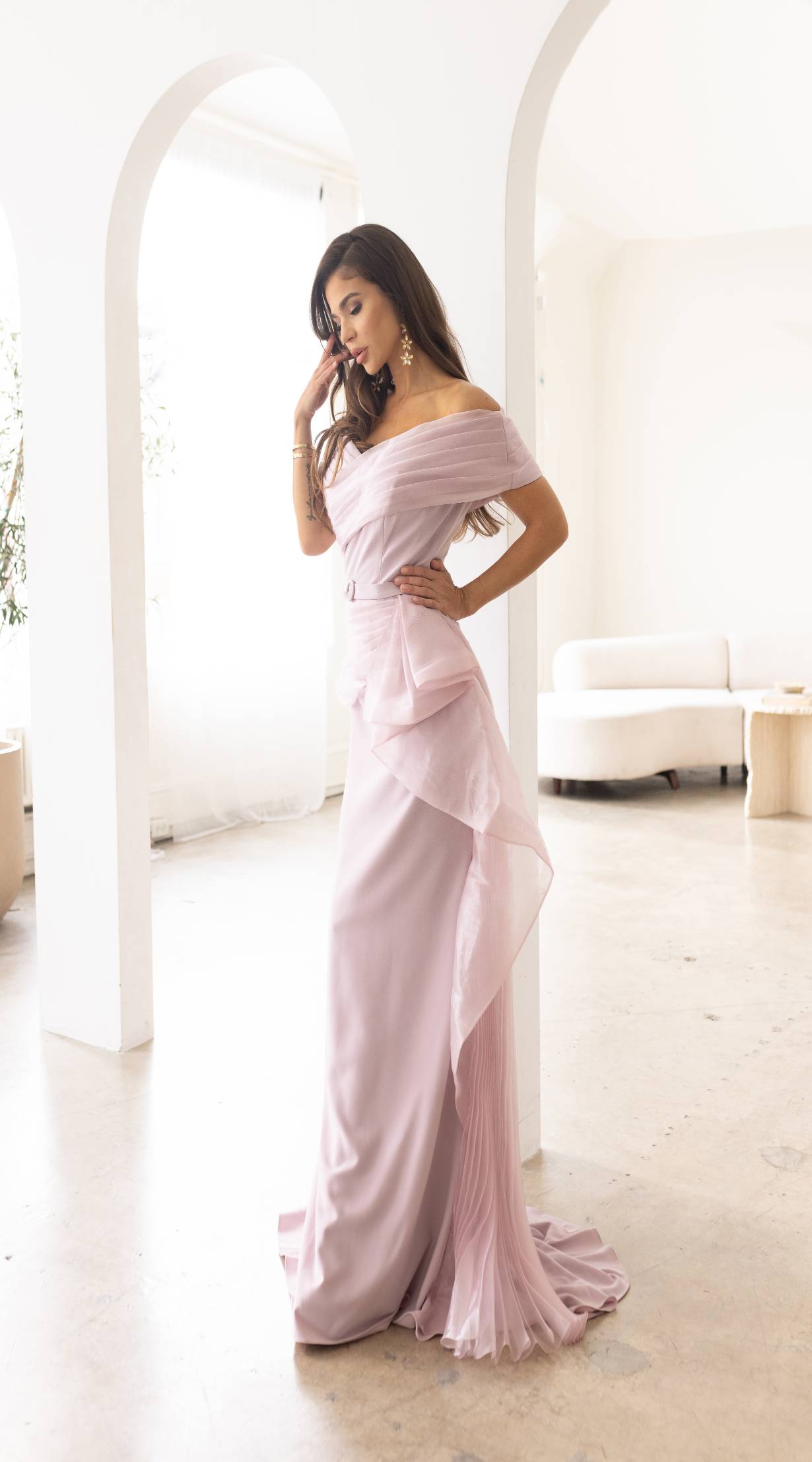 241M2703 A-Line Off-Shoulder Chiffon Mink Column Evening Dress